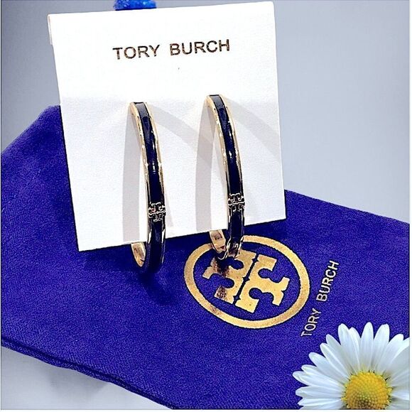 Tory Burch 18 k gold and Black enamel Hoop Earrings - Picture 1 of 4